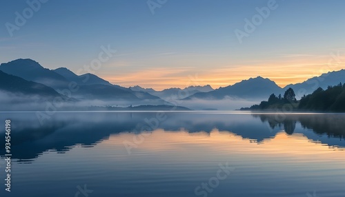 The lake is surrounded by mist, and the mountains in the distance are set off in the early morning sun, making it peaceful and elegant.