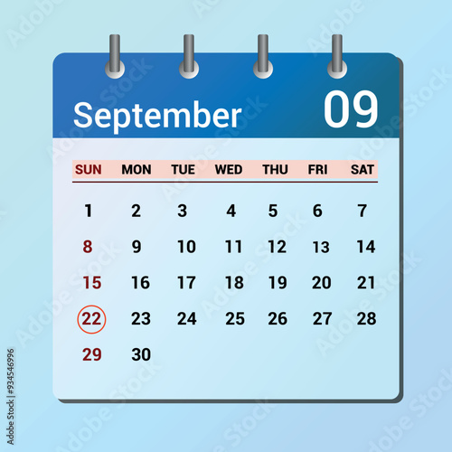 vector page of September month calendar and highlighted date September 22