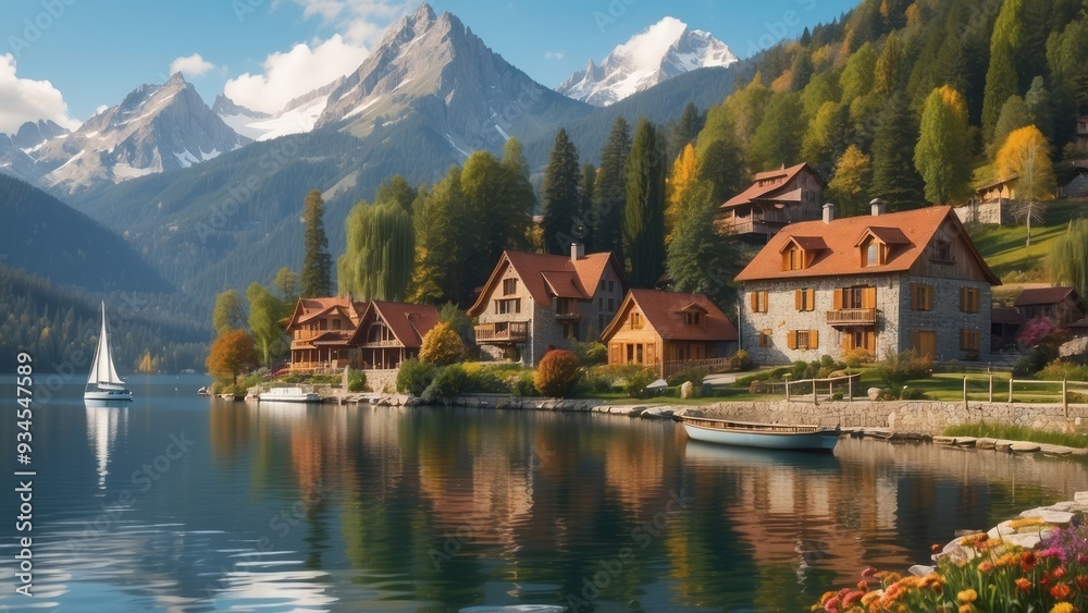 Naklejka premium Picturesque Village Nestled Among Majestic Mountains and a Tranquil Lake