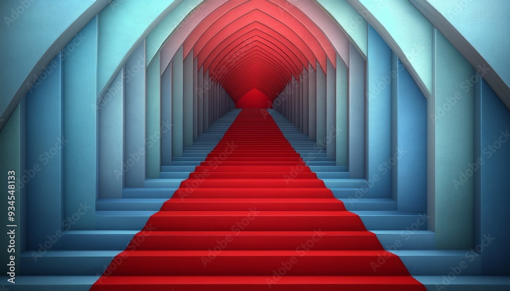 Fototapeta premium Red Carpet Stairs Leading Through a Blue and Red Arched Tunnel
