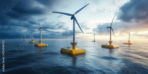 Floating wind turbines installed in sea. photo