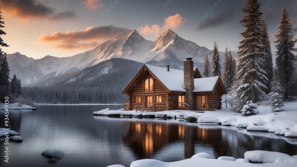 Fototapeta premium Cozy Log Cabin on a Snowy Lake in the Mountains at Sunset