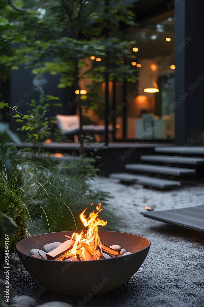 Cinematic view of a small bonfire in a minimalist outdoor garden AI generated illustration Cinematic view of a small bonfire in a minimalist outdoor garden AI generated illustration