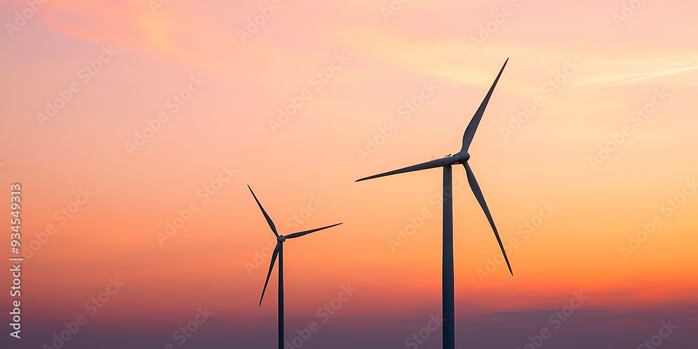 Fototapeta premium Two wind turbines standing tall against the backdrop of an orange and pink sky, their blades spinning gracefully in harmony with nature's power