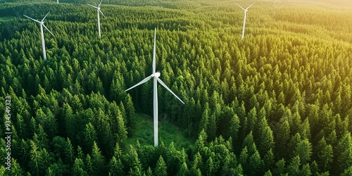 Majestic wind turbines scattered throughout lush green forest landscape