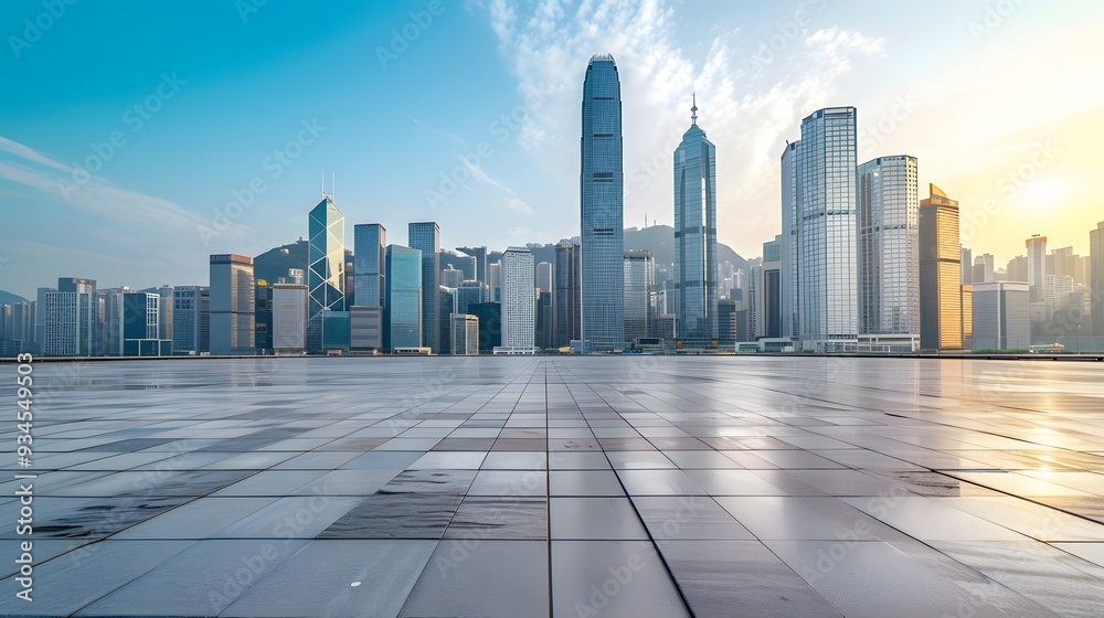 City skyline dominated by towering high rises in the backdrop of an empty square floor AI generated illustration City skyline dominated by towering high rises in the backdrop of an empty square floor AI generated illustration