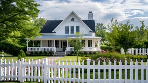 Classic American ranch-style house with white picket fence AI generated illustration