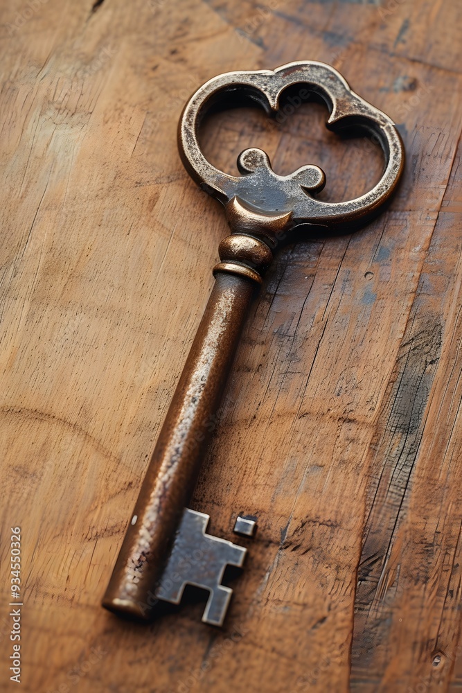 Close up of an old key lying on a smooth wooden surface showcasing its intricate design details AI generated illustration Close up of an old key lying on a smooth wooden surface showcasing its intricate design details AI generated illustration