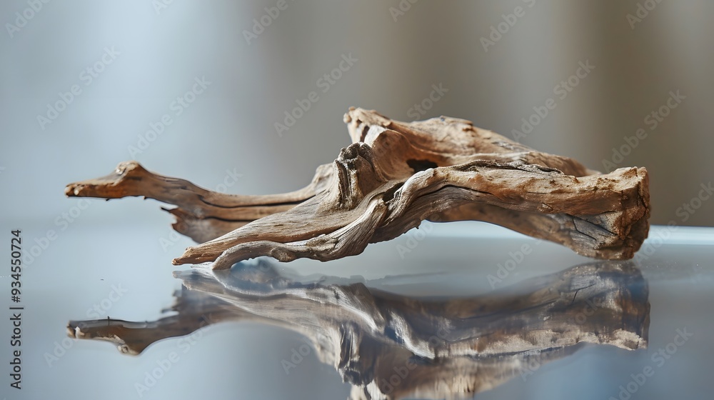 Close up shot of a small piece of driftwood on a clear glossy tabletop AI generated illustration Close up shot of a small piece of driftwood on a clear glossy tabletop AI generated illustration