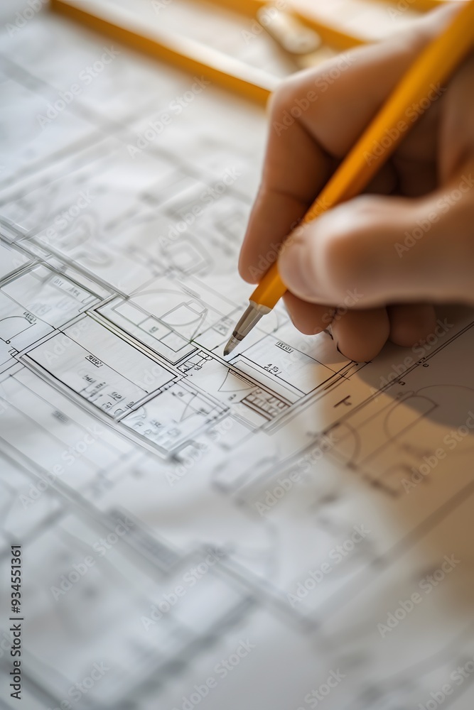 Close-up of a blueprint being gradually filled in AI generated illustration Close-up of a blueprint being gradually filled in AI generated illustration