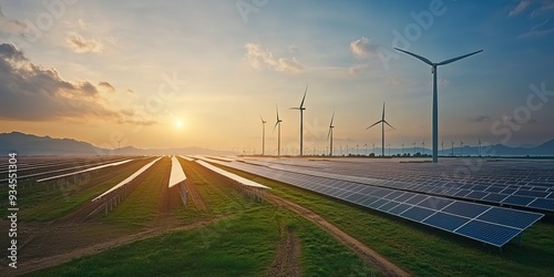 A renewable energy farm with rows of wind turbines and solar pannels