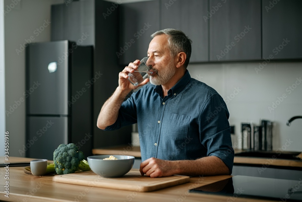 A man is drinking water while sitting at a table with a bowl of broccoli A man is drinking water while sitting at a table with a bowl of broccoli