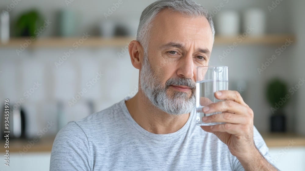 A man with a beard and gray hair is drinking water from a glass A man with a beard and gray hair is drinking water from a glass
