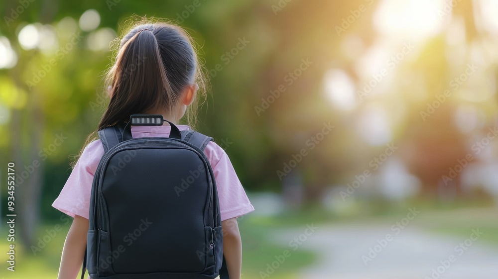 A girl wearing a pink shirt and a black backpack is walking down a path A girl wearing a pink shirt and a black backpack is walking down a path
