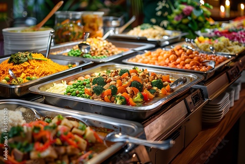 Buffet Table with a Variety of Freshly Prepared Dishes in a Banquet Setting