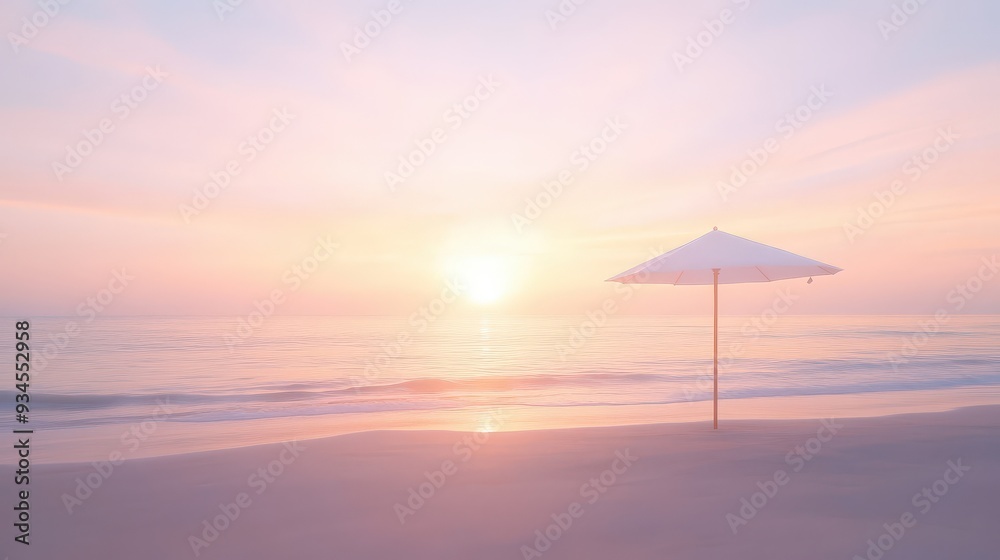 A beach scene with a white umbrella and a sunset in the background A beach scene with a white umbrella and a sunset in the background