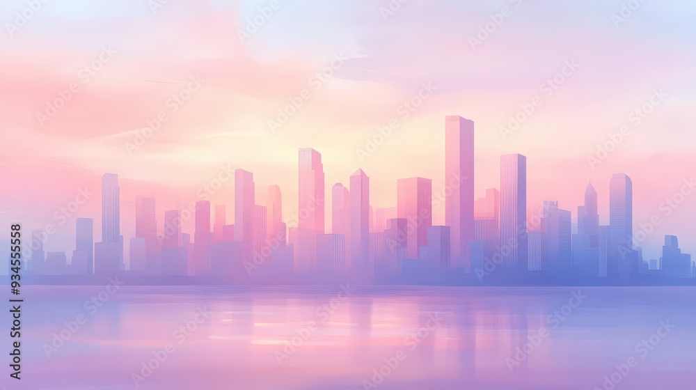 A city skyline with a pink and purple sky in the background A city skyline with a pink and purple sky in the background