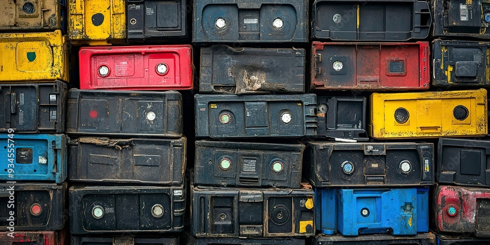 Obraz premium Used car battery packs stacked for disposal, battery waste, recycling initiative 