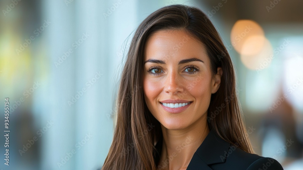 A woman with long brown hair and a black suit is smiling for the camera A woman with long brown hair and a black suit is smiling for the camera