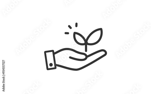 手のひらに乗せた若葉マークの線画アイコン(モノクロ)