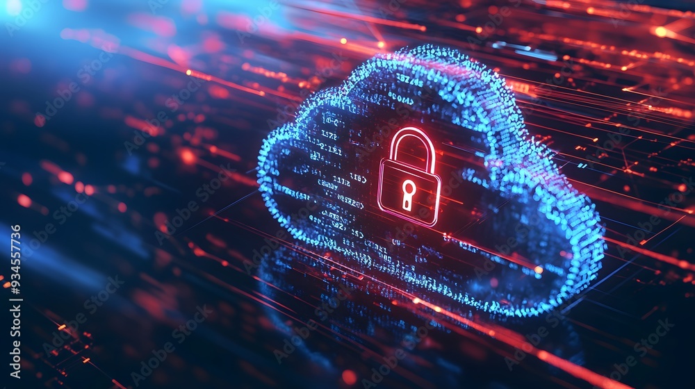 An abstract illustration featuring a stylized cloud icon with a secure padlock symbol integrated in the center, surrounded by digital lines and binary code to represent cloud security services and dat An abstract illustration featuring a stylized cloud icon with a secure padlock symbol integrated in the center, surrounded by digital lines and binary code to represent cloud security services and dat