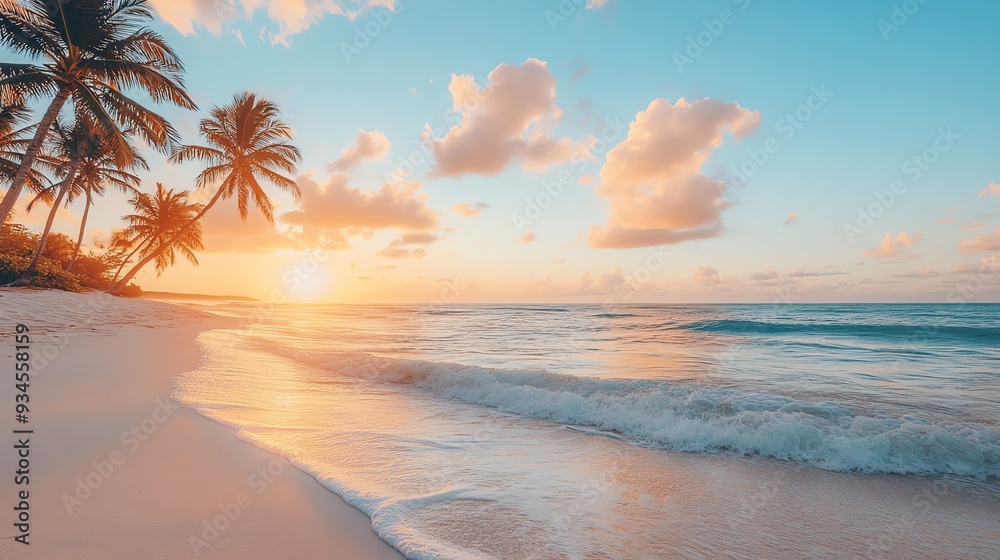 A beach scene with palm trees and the sun setting over the ocean. A beach scene with palm trees and the sun setting over the ocean.