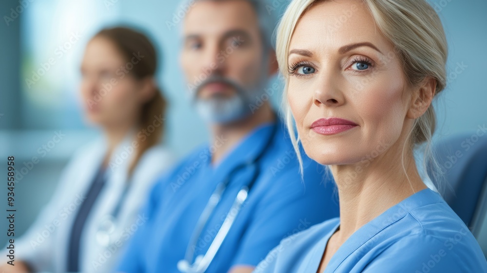 A woman in a blue scrubs is sitting next to two men in blue scrubs A woman in a blue scrubs is sitting next to two men in blue scrubs