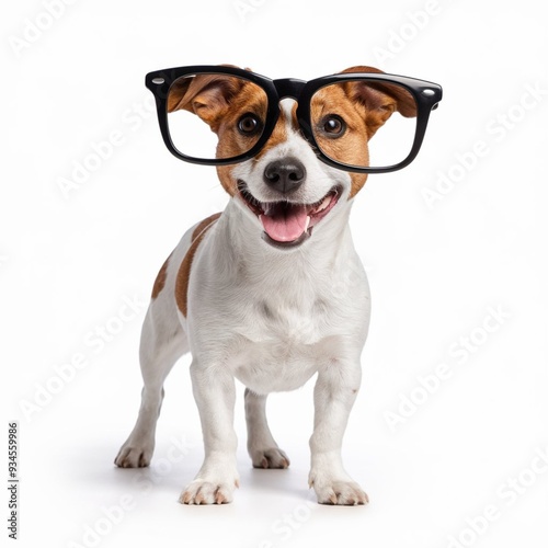 Adorable Dog in Oversized Black Glasses on a White Background, Joyfully Posing with Tongue Out and Big Smile, Highlighting Playful, Nerdy Charm in Bright