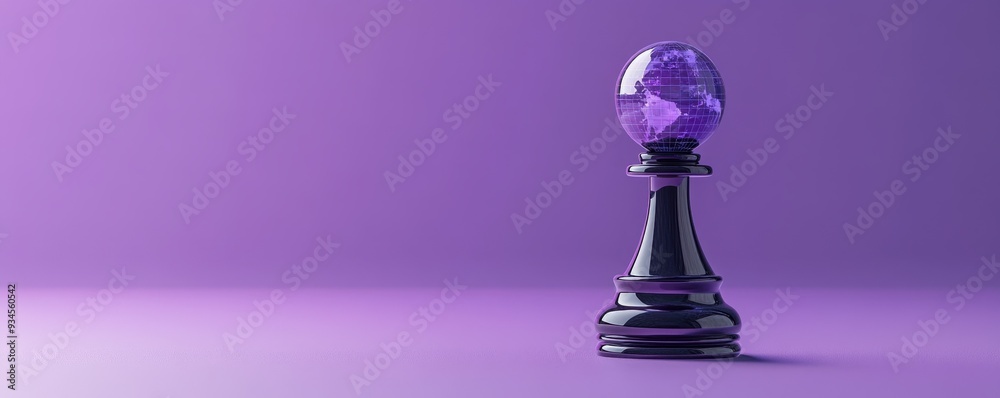 Chess piece with a globe icon on a purple isolated background symbolizing strategic job search worldwide, Close-up shot, 3D Blender Style, studio lighting Chess piece with a globe icon on a purple isolated background symbolizing strategic job search worldwide, Close-up shot, 3D Blender Style, studio lighting