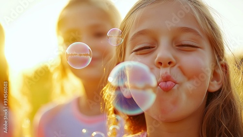 A young girl blowing bubbles in the sun