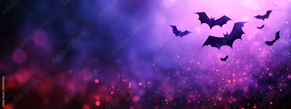 Fototapeta premium Abstract Halloween background with copy space and bats in vibrant purple.