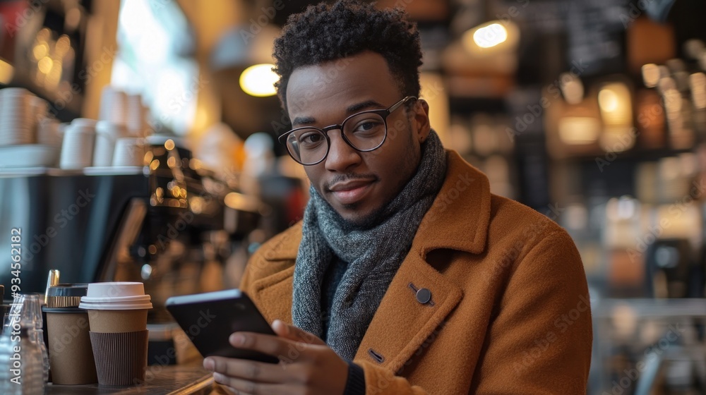 A man wearing glasses and a scarf is looking at his phone. He is sitting at a table in a cafe A man wearing glasses and a scarf is looking at his phone. He is sitting at a table in a cafe