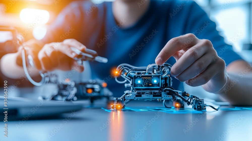 A man is working on a robot, and the robot is blue A man is working on a robot, and the robot is blue