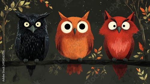 Creative creatures, zombie raven, witch owl, and vampire fox with blank text area, flat design illustration