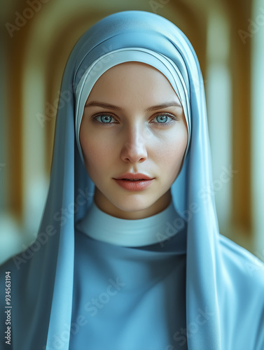 Portrait of an abbess in blue headscarf, evoking a serene and spiritual atmosphere, suitable for cultural or religious events. photo