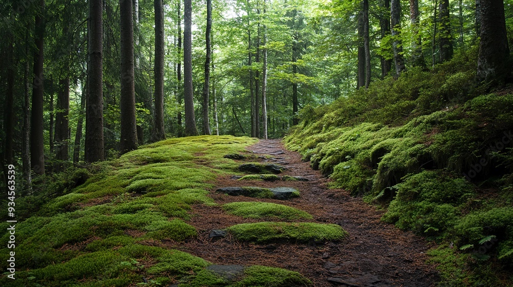 Obraz premium a path in the woods with moss growing on the ground
