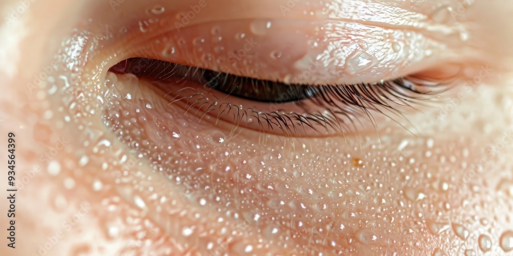 Fototapeta premium Detailed view of a prominent pore on oily facial skin featuring enlarged pores, addressing skincare for challenging skin types in natural sunlight.