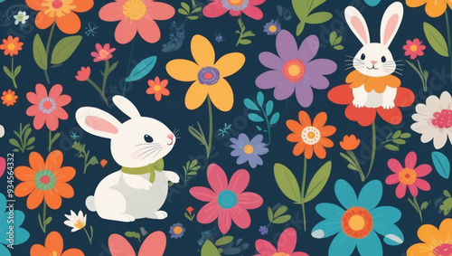 Seamless cartoon rabbit and flower pattern with bright colors for children
