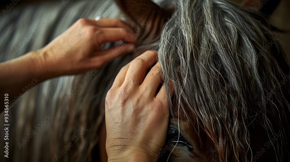 Fototapeta premium Close-up of hands grooming a horses mane AI generated illustration