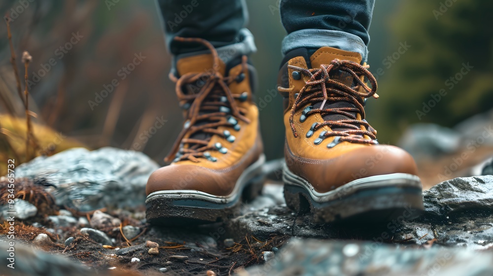 Close-up of hiking boots on a rocky path AI generated illustration Close-up of hiking boots on a rocky path AI generated illustration