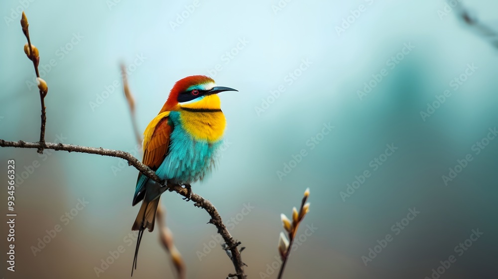 Obraz premium Close-up shot of a colorful small bird sitting on a branch within a minimalistic composition AI generated illustration
