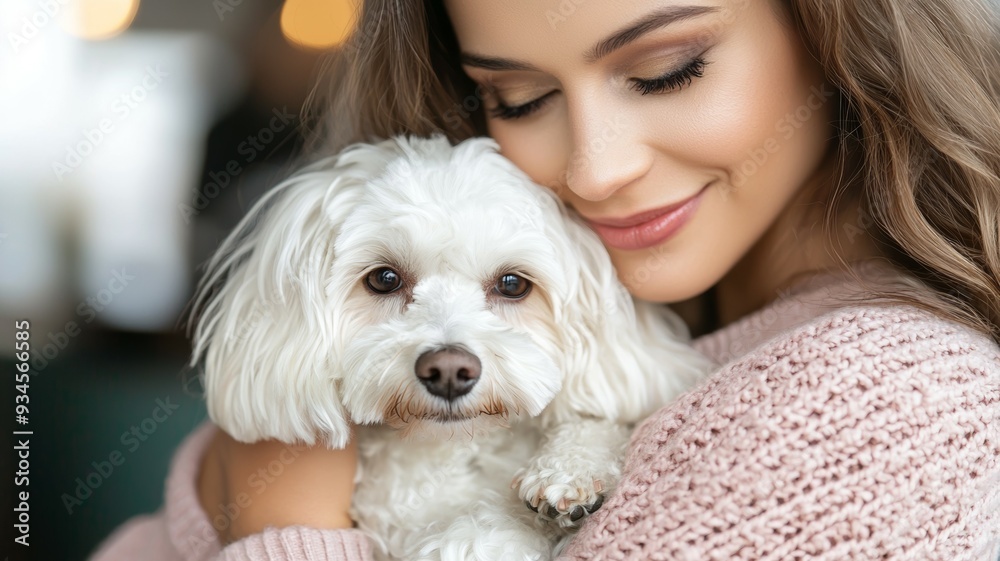 A woman is holding a white dog and smiling A woman is holding a white dog and smiling