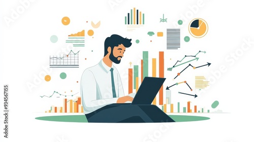 Financial Crisis Concept - Businessman Analyzing Falling Graphs and Arrows on Laptop in Flat Design Illustration