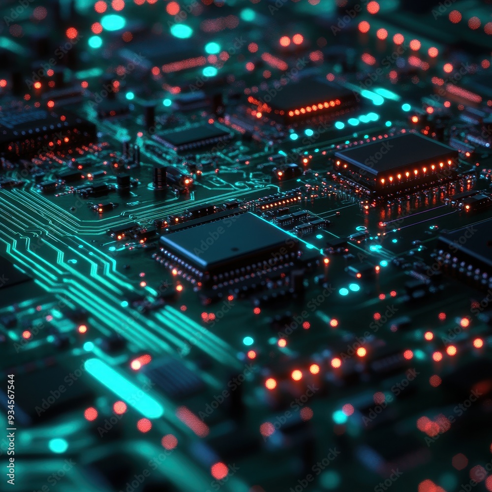 Abstract Close-up of a Circuit Board with Red and Blue Lights Abstract Close-up of a Circuit Board with Red and Blue Lights
