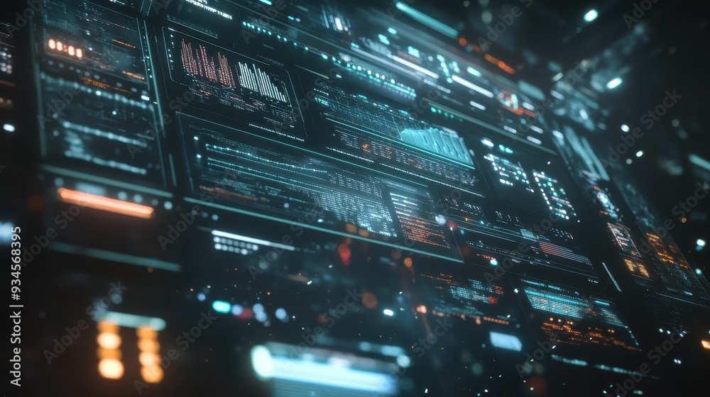Futuristic Digital Interface with Glowing Data and Code on Black Background. Futuristic Digital Interface with Glowing Data and Code on Black Background.