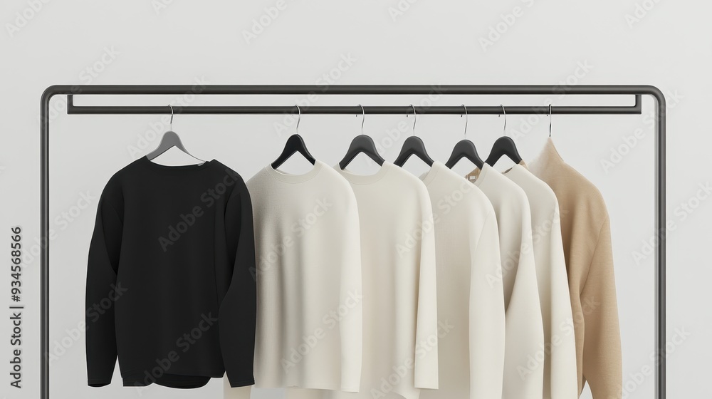 Black, White, and Beige Long Sleeve Shirts Hanging on Clothes Rack - Mockup Template Black, White, and Beige Long Sleeve Shirts Hanging on Clothes Rack - Mockup Template