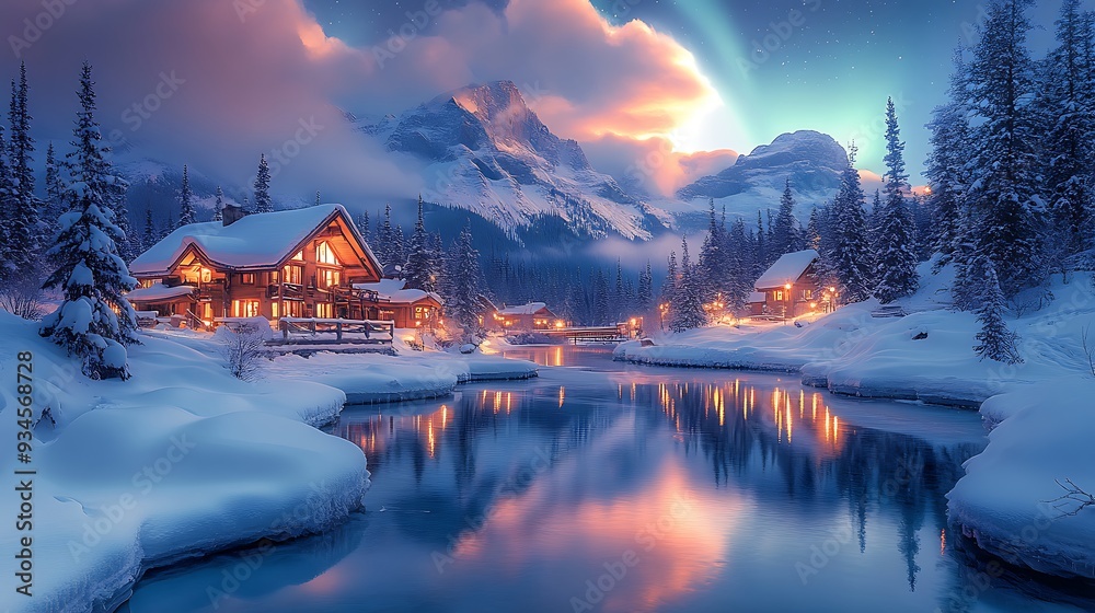 Snowy mountain cabins reflected in a still lake at dusk, with a dramatic aurora borealis in the sky. Snowy mountain cabins reflected in a still lake at dusk, with a dramatic aurora borealis in the sky.
