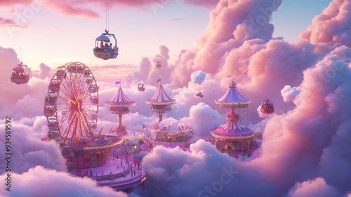 Magical Fairytale Amusement Park Floating in the Clouds at Sunset photo