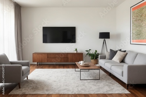 A living room with a large flat screen TV, a coffee table, and two couches. The room has a modern and minimalist design, with a white wall and wooden floors