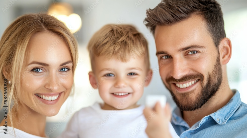 A family of three, a man, a woman and child, are smiling for the camera A family of three, a man, a woman and child, are smiling for the camera